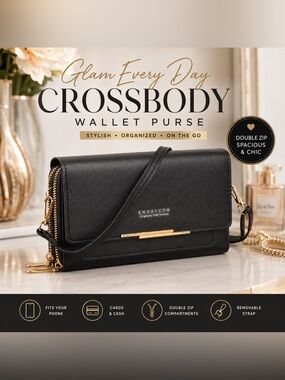 ENDAYCON Black Crossbody Wallet Purse Double Zip Phone Wallet Clutch RFID